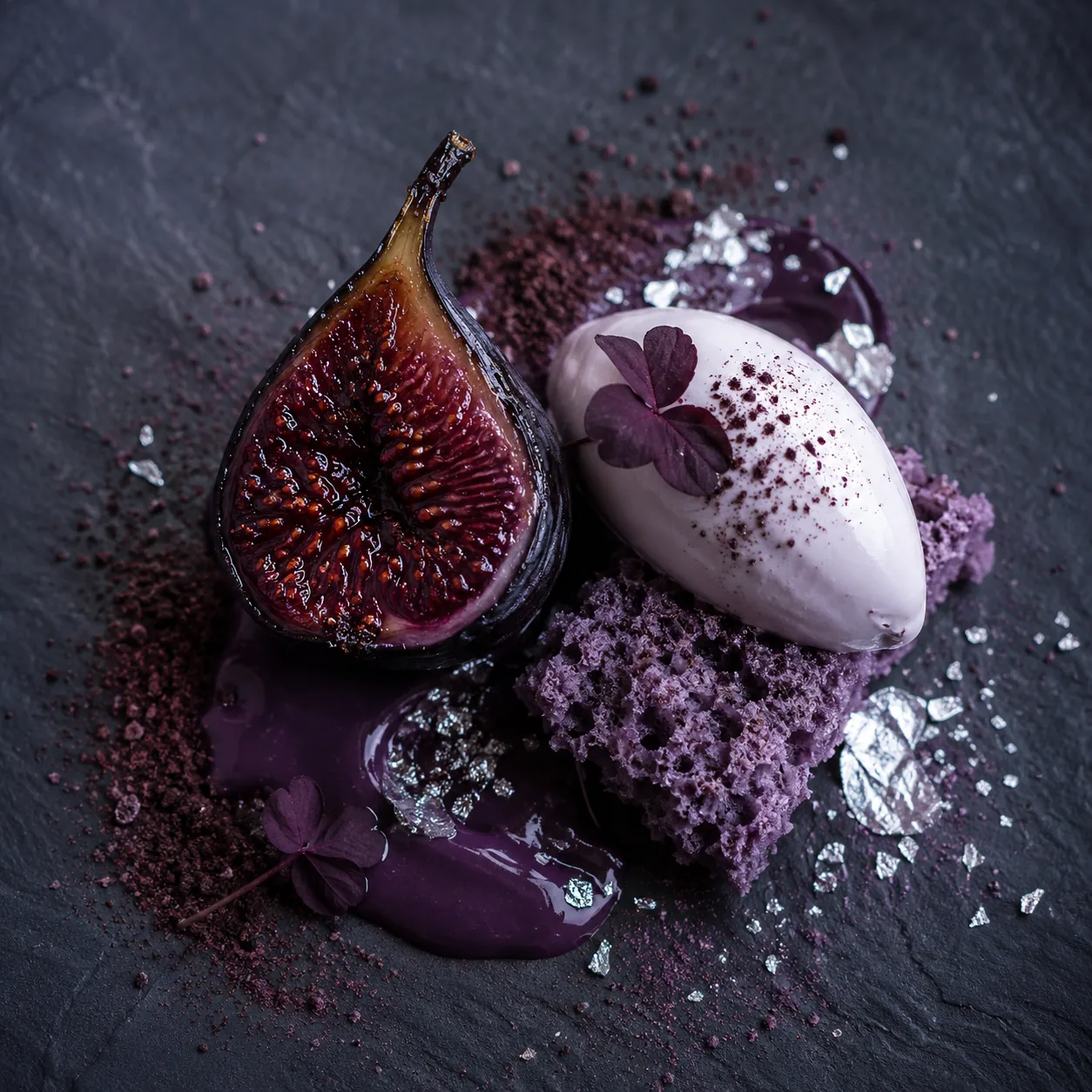 Roasted fig with sheep yoghurt ice cream and olive oil sponge