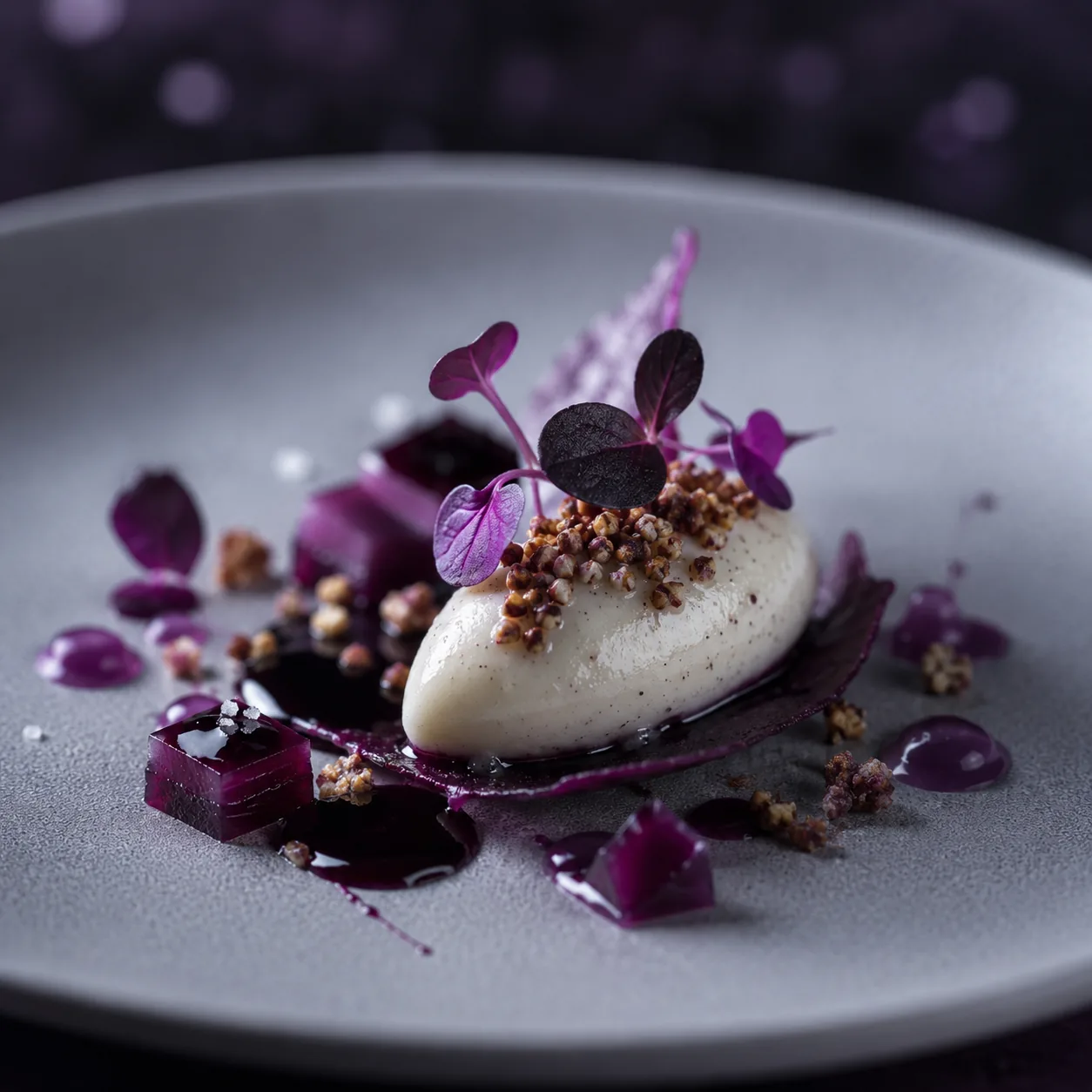 White chocolate and sheep cheese cremeux with salted caramel and toasted buckwheat
