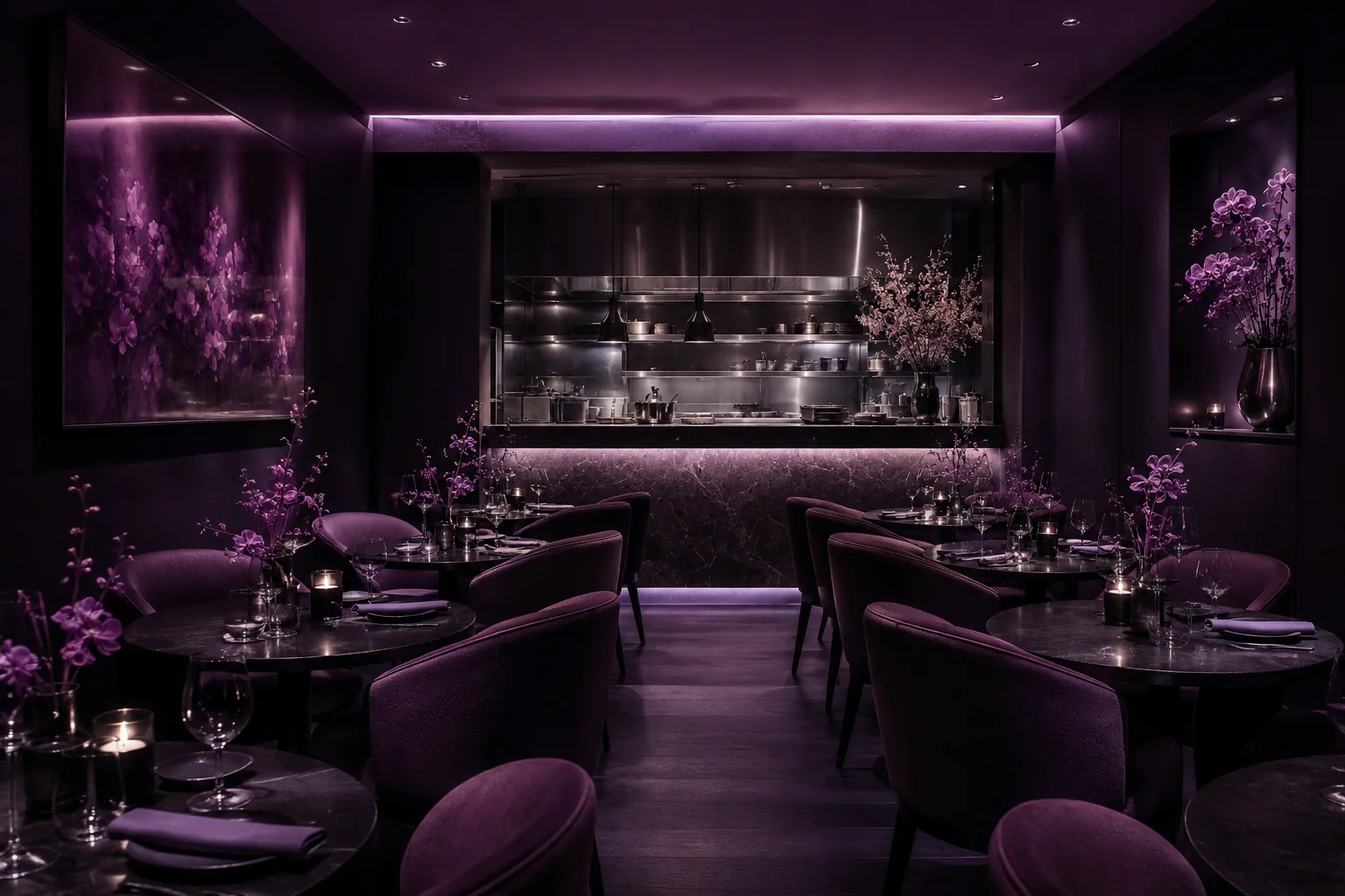 The small Sobremesa tasting room at night, low plum light and an open kitchen pass